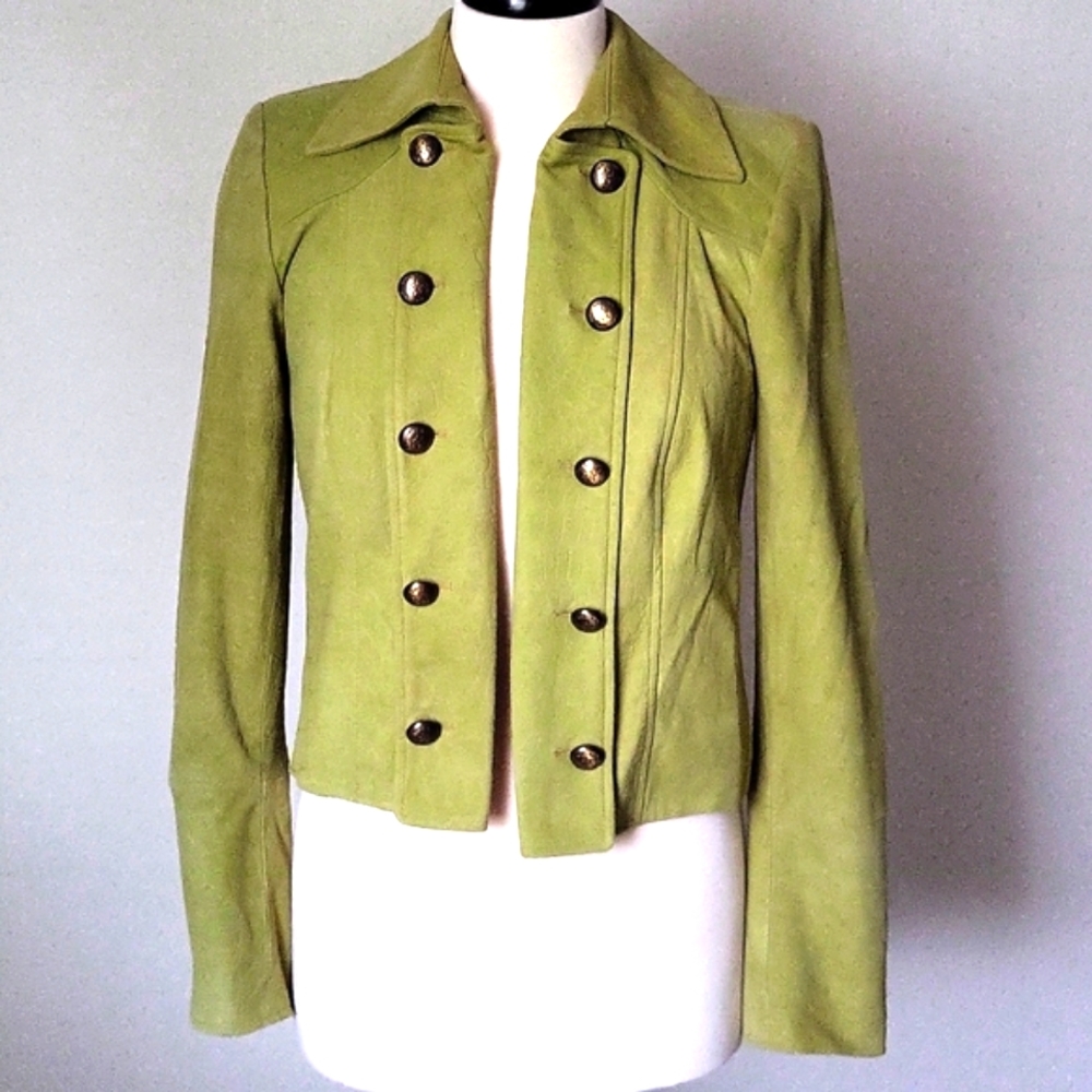 Genuine Suede Leather Jacket 100% Green Short Tuxedo Front Size XS